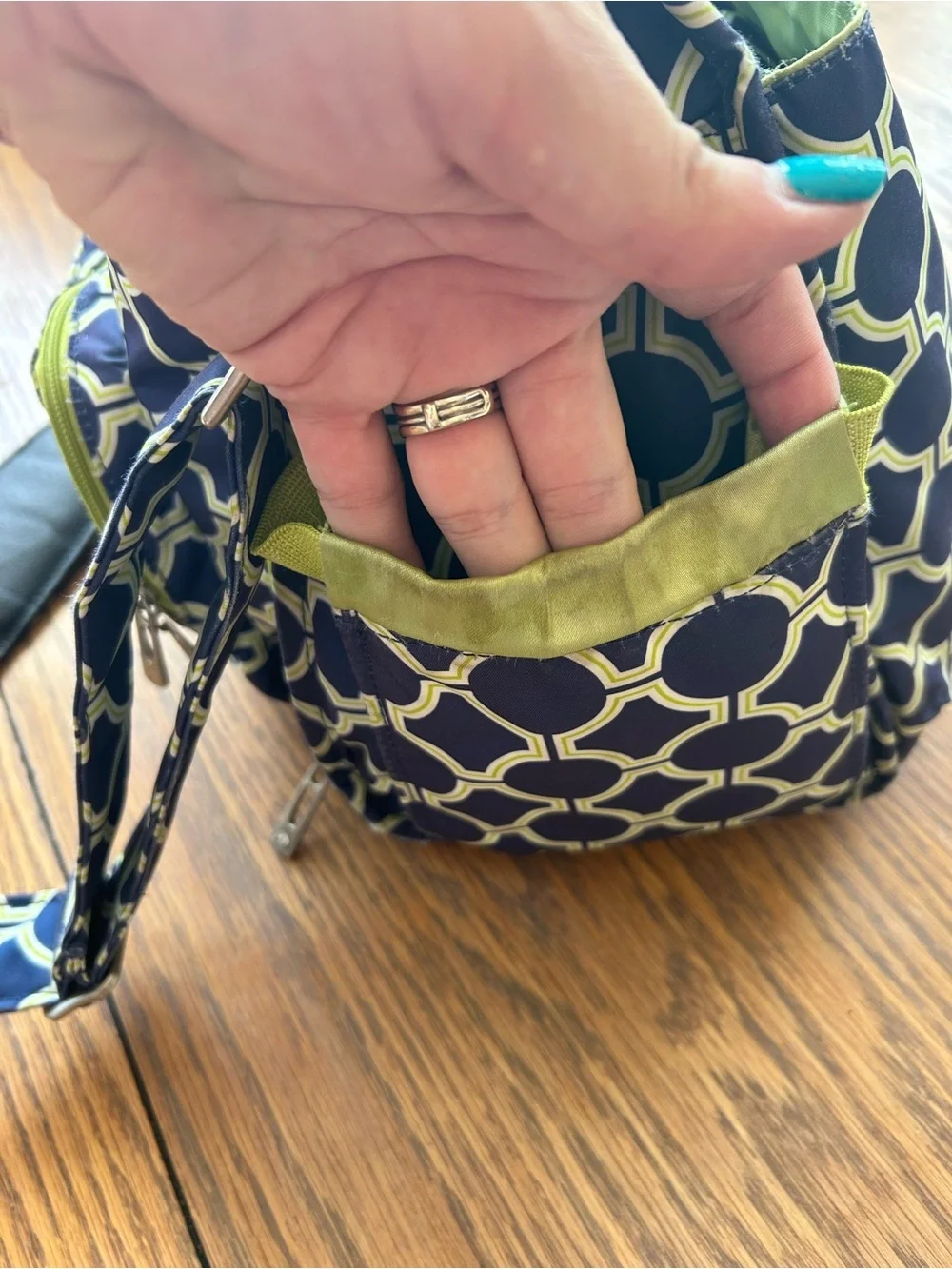 Ju-Ju-Be Navy and Lime Geometric Print Convertible Baby Bag